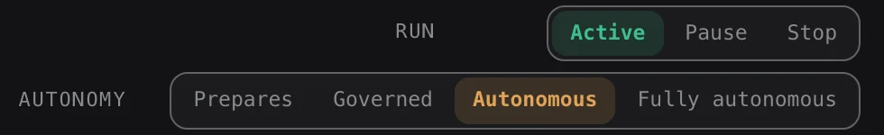 Its run state and its autonomy level, set by you.